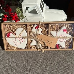 NEW 3 Pc SET Rae Dunn Adorable Ceramic Ornaments - LOVE, JOY, WISH w/red ribbon